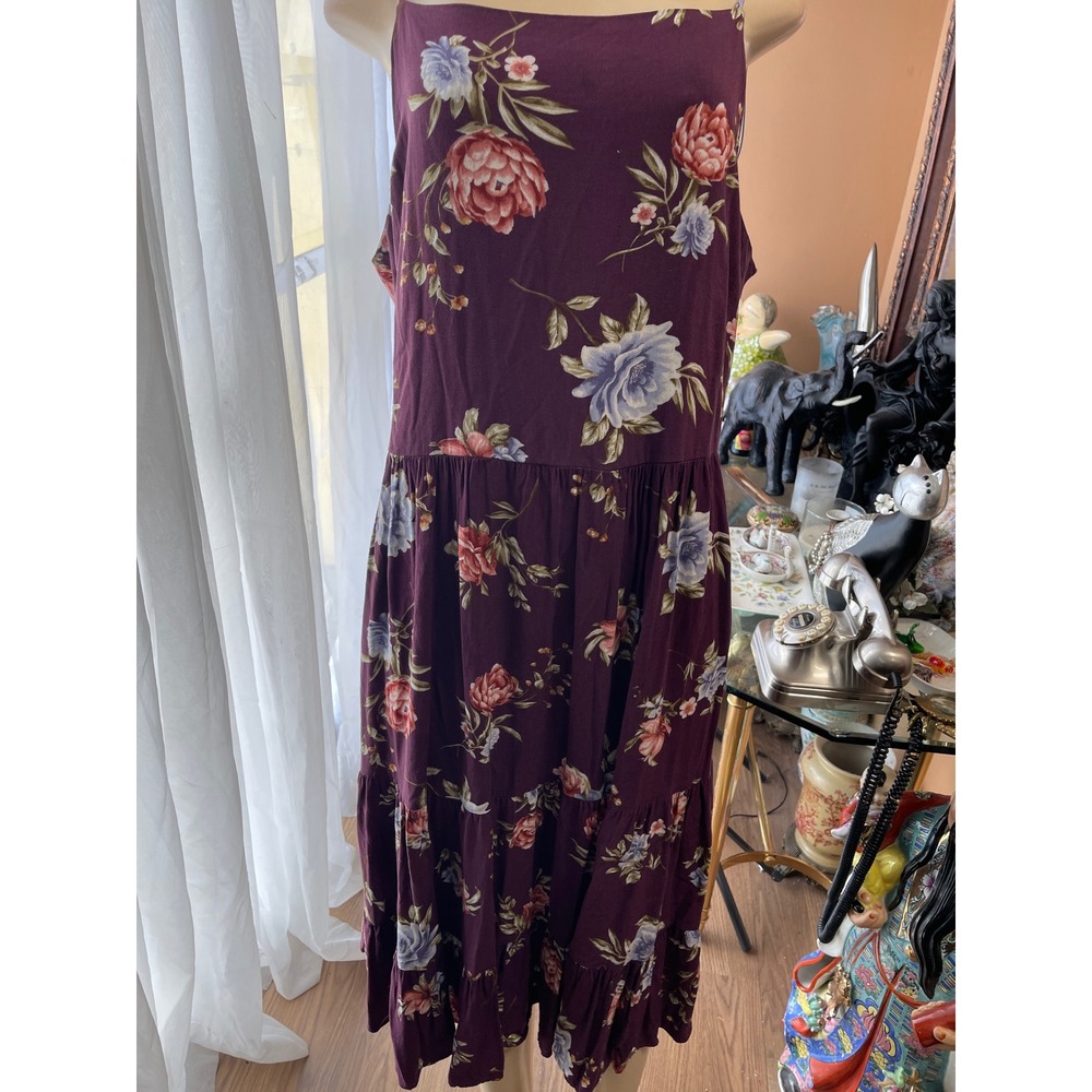 Xhilaration Floral Maxi Dress XXL Purple Burgundy Tiered Lace Up Back Sleeveless